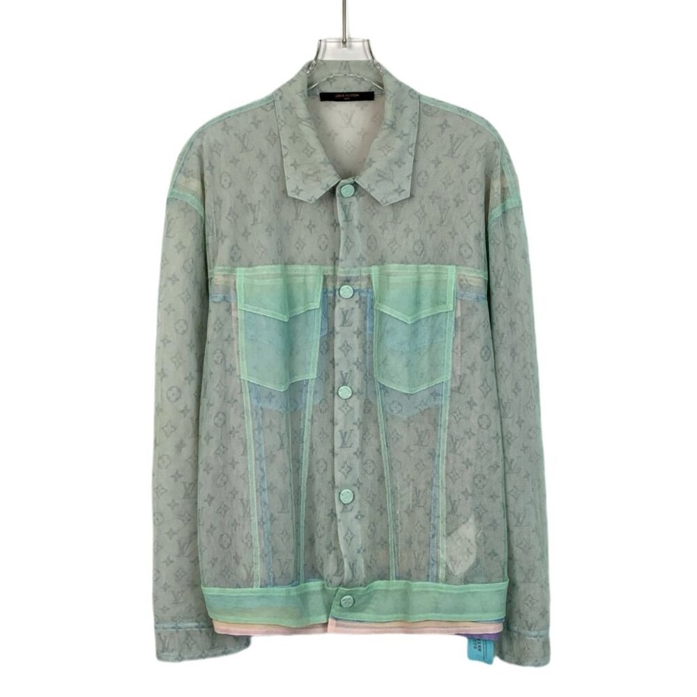 Louis Vuitton Sheer Monogram Jacket Mens Button-Up Size 50 Mint Green Polyamide